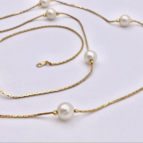 Vintage Classic Faux Pearl Cobra Chain Rope Length Necklace - Picture 1 of 14